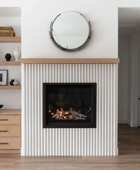 Fluted Fireplace, Scandinavian Fireplace, Electric Fireplace Surround, Minimalist Fireplace, Black Marble Coffee Table, Stone Mantel, Black Fireplace, Double Sided Fireplace, White Fireplace