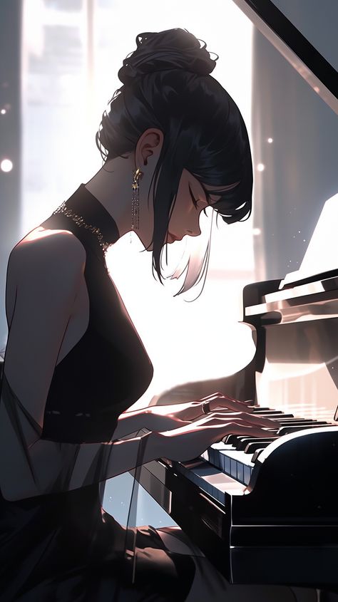 Girl Playing Piano, Art Ideas Anime, Piano Girl, Curly Hair Style, Black Piano, Playing Piano, Inner Goddess, Girly Art Illustrations, Digital Art Anime