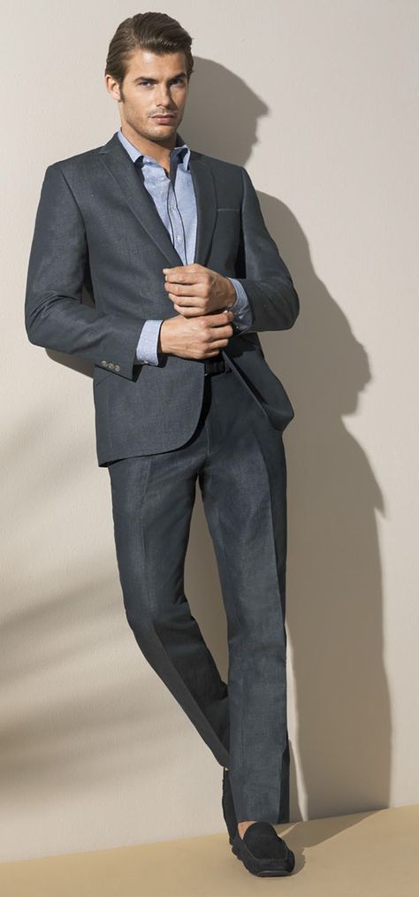 West End by Simon Carter one-button cotton linen jacket in denim, shirt, flat-front cotton linen trouser in denim, Hugo Boss Drefin loafer  #DavidJonesStore Men's Tuxedo Styles, Jacey Elthalion, Simon Carter, Cotton Linen Trousers, Linen Jacket, West End, Classic Man, Denim Shirt, Male Models