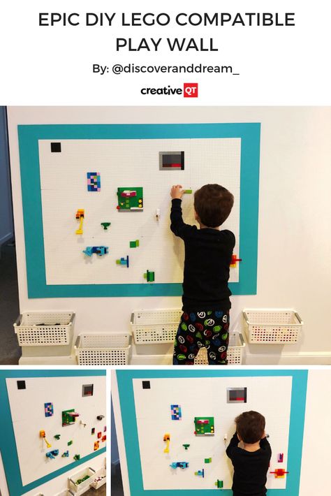 Check out this awesome DIY LEGO Compatible Play Wall by our friend Karey from Discover & Dream!  Today on the blog she is sharing a detailed tutorial to show you just how easy it was to make using our Peel 'n Stick Baseplates. #makerspace #legowall #legos #stem #steam #playroom #toyroom Lego Wall Playroom, Vertical Play Activities, Lego Wall Ideas, Lego Wall Diy, Diy Lego Wall, Garage Games, Monkey Room, Loft Playroom, Play Wall