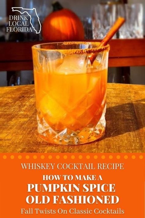 Perfect for a fall evening, this Pumpkin Spice Old Fashioned cocktail recipe uses homemade Pumpkin Spice Simple syrup to bring fall right to your glass. Perfect for Thanksgiving, this is pumkin pie in drinks form! Use your favorite bourbon, we use the “Florida Double Cask Bourbon” from St. Augustine Distillery. Enjoy, and drink Local Florida! Happy Fall! #oldfashioned #fall #falldrinks #fallcocktails #cocktailrecipe #pumpkin #pumkinspice #pumkinpie #bourbon #whiskey #whiskeycocktails Pumpkin Spice Simple Syrup, Pumpkin Spice Cocktail, Old Fashioned Recipe, Cocktail Recipes Whiskey, Pumpkin Syrup, Old Fashioned Drink, Fall Cocktails Recipes, Pumpkin Spice Recipe, Homemade Pumpkin Spice