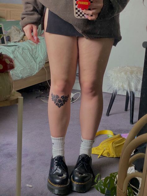 Knee Calf Tattoo, Underneath Knee Tattoo, Patch Work Tattoo Legs Women, Patch Work Tattoo Ideas Leg, Under Kneecap Tattoo, Bird Under Knee Tattoo, Above The Knee Tattoo Coverup, Flower Tattoos Knee, Under Knee Cap Tattoo