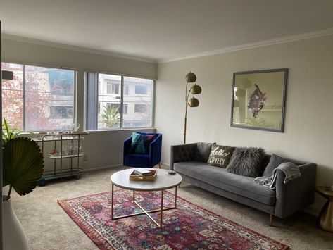 Apartment Decor With Carpet Flooring, Living Room Decor Apartment With Carpet, Apartment Living Room Carpet Floor, Styling Carpeted Apartment, Decorate Carpeted Apartment, Small Carpet Living Room, Carpeted Apartment Decor, Carpeted Apartment Living Room, Carpet Apartment Living Room