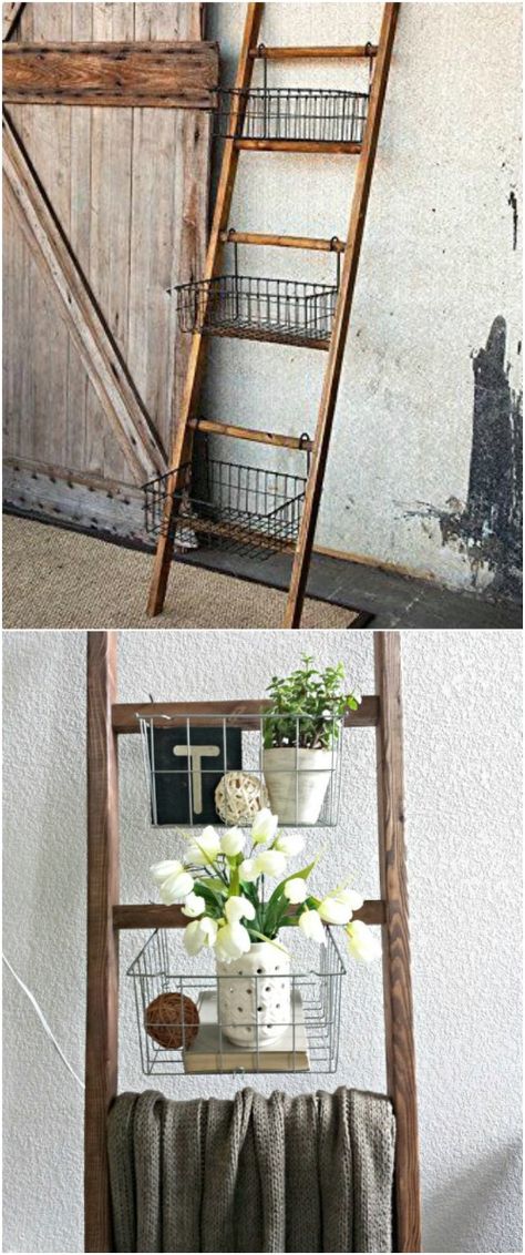 These are some cool content on cool ladder ideas. Make your old unused ladders into some new useful stuff. Wooden Ladder Ideas, Old Ladder Decor, Old Ladder Ideas, Wooden Ladder Decor, Upcycled Storage, Repurposed Ladders, Old Wooden Ladders, Storage Ladder, Wooden Ideas