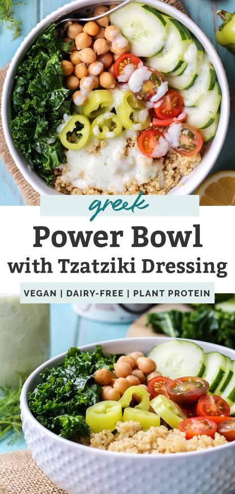 This easy Greek Power Bowl recipe is the perfect vegetarian dish for easy lunches and dinners. It’s so delish and super healthy and satisfying thanks to plant protein. Don’t forget the simple vegan tzatziki sauce you must add to this vegan power bowl. Make this recipe in advance to meal prep for the week ahead! #greekpowerbowl #dairyfree #vegan #plantprotein #tzatziki #protein #healthymeals #healthylunch #healthymealprep #mealprep Greek Veggie Bowl, Tzatziki Bowl Vegetarian, Greek Vegan Bowl, Vegan Gyro Bowl, Healthy Greek Meals, Vegan Light Meals, Power Bowl Sauces, Tziki Sauce, Vegan Power Bowl