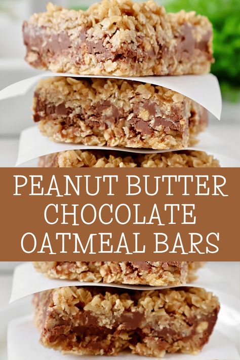 Peanut Butter Chocolate Oatmeal Bars ~ Sweet treat that's super easy to make with a buttery oatmeal base, layer of rich chocolate and peanut butter, and a crumbly oatmeal topping. Oatmeal Peanut Butter Bars, Chocolate Peanut Butter Oatmeal, Chocolate Oatmeal Bars, Oatmeal Squares, Peanut Butter Oatmeal Bars, Oatmeal Toppings, Peanut Butter Chocolate Bars, Oat Crumble, Gluten Free Peanut Butter