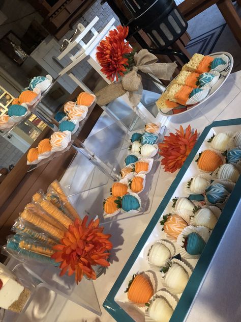 Orange And Teal Birthday Decorations, Teal And Burnt Orange Table Setting, Blue And Orange Dessert Table, Orange And Teal Birthday Party, Dark Teal And Rust Orange Wedding Table, Burnt Orange And Teal Wedding Decor, Dark Teal And Rust Wedding, Teal And Orange Wedding Cake, Teal And Rust Wedding