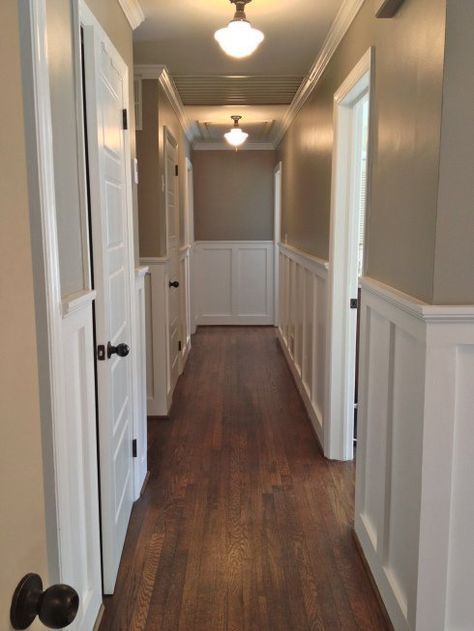 This for the hallway. But the chair-rail should be at one third the height of the room not halfway. ~UR Sherwin Williams Pavestone, Hallway Wall Colors, Hallway Walls, Wainscoting Styles, Foyer Decorating, Boho Deco, Chair Rail, Narrow Hallway, Decorating Small Spaces