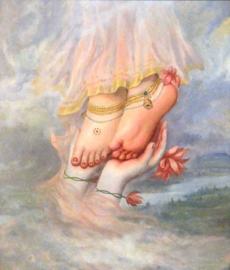 Radharanis Lotusfeet.      My only shelter is Sri Radhika's lotus feet which I yearn to worship with love and devotion. These lotus feet of Srimati Radhika are painted by Krsna's soft fingers with a feather dipped in the most fragrant red-colored juice. The gopis follow Krsna's example and worship the same feet for the happiness of all living entities. These feet are glorified in the Upanisads, and are found in the depth of the hearts of pure devotees. Arte Yoga, Religious Paintings, Radha Krishna Wallpaper, Vedic Art, Shiva Shakti, Krishna Radha Painting, Radha Krishna Images, Radha Krishna Pictures, Radha Krishna Love