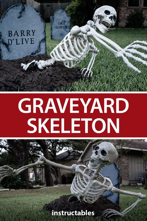 With spray foam and fake skeletons, you can easily make a collection of skeletons trying to escape from their graves. #Instructables #Halloween #decoration #yard #outdoors #graveyard #cemetery Grave Halloween Decorations, Fake Cemetery Halloween, Halloween 2023 Outdoor Decor, Cemetery Halloween Ideas, Halloween Graveyard Ideas Diy Front Yard, Cemetery Decorations Halloween, Grave Yard Halloween Decorations, Halloween Cemetery Ideas Front Yards, Cemetery Halloween Decorations