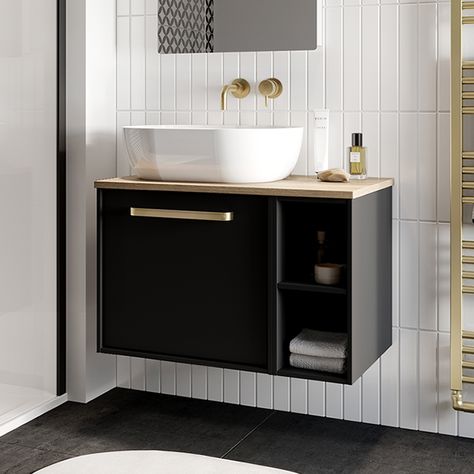 Black Countertop Bathroom, Bedroom Ensuite Ideas, Downstairs Wc, Counter Top Basin, Countertop Vanity, White Worktop, Downstairs Toilet, Black Vanity, Bathroom Vanity Units