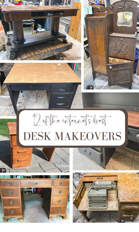 12 of the Internet's Best Desk Makeovers! - 100 Things 2 Do Old Desk Repurpose, Repurpose Desk, Metal Desk Makeover, Repurposed Desk, Desk Makeover Diy, Wood And Metal Desk, Antique Secretary Desks, Wooden Office Desk, Writers Desk