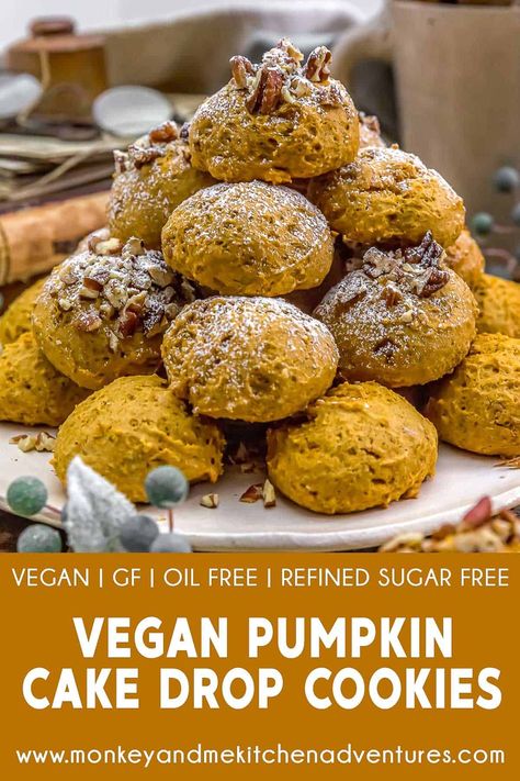 Bursting with pumpkin pie spice, these Vegan Pumpkin Cake Drop Cookies are a heavenly treat that combines the light, fluffy texture of cake with the convenience of a cookie. #wholefoodplantbased #vegan #oilfree #glutenfree #plantbased | monkeyandmekitchenadventures.com Vegan Pumpkin Cake, Monkey And Me Kitchen Adventures, Monkey And Me, Vegan Peach, Peach Cookies, Plantbased Recipes, Plant Based Diet Recipes, Plant Based Whole Foods, Sugar Free Vegan