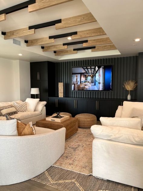 Movie Lounge Room, Family Loft Ideas Upstairs Cozy, Black And Cream Basement, Basement Inspo Cozy, Sports Theme Basement Ideas, Modern Farmhouse Movie Room, Home Rec Room, Basement Inspo Aesthetic, Modern Finished Basement Ideas