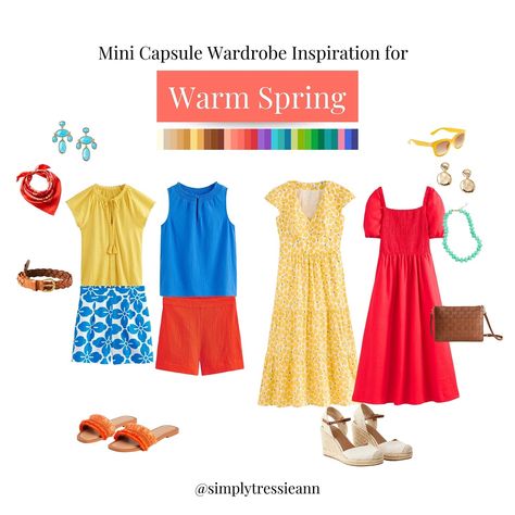 Warm Spring color palette mini capsule wardrobe inspiration Spring Palette Capsule Wardrobe, Warm Spring Capsule Wardrobe, Warm Spring Makeup, Mini Capsule Wardrobe, Warm Spring Palette, Capsule Wardrobe Inspiration, Warm Spring Color Palette, Color Seasons, True Spring