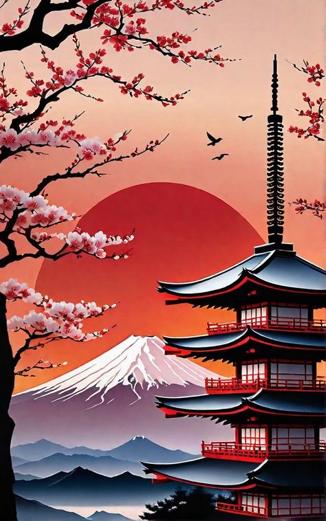 Cultural Landmarks In Japan Painting, Japanese Zen Art, Painting On Walls, Mural Art Design, Sakura Art, Japan Landscape, Japan Painting, Asian Painting, Graffiti Murals