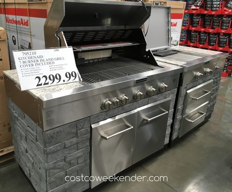 KitchenAid Seven Burner Outdoor Island Gas Grill (model 860-0003) with Rotisserie Burner Item 795210 at Costco Costco Outdoor Kitchen, Outdoor Grill Island, Outdoor Kitchen Kits, Kitchen Island Dimensions, Outdoor Kitchen Sink, Deck Addition, Modular Outdoor Kitchens, Outdoor Island, Outdoor Barbeque