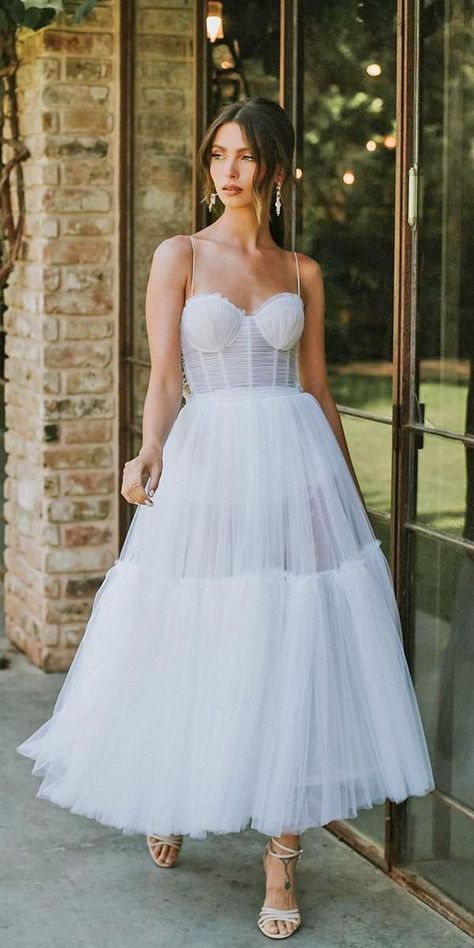 27 Incredible Tea Length Wedding Dresses ❤ tea length wedding dresses simple with spaghetti straps sweetheart neckline musebyberta ❤ #weddingdresses #weddingoutfit #bridaloutfit #weddinggown #women's style T Length Wedding Dress, Simple Bride Dress, Midi Length Wedding Dress, Tule Wedding Dress, Midi Bridal Dress, Wedding Dresses Tea Length, Wedding Dress Tea Length, Tea Length Wedding Dresses, Dresses Tea Length