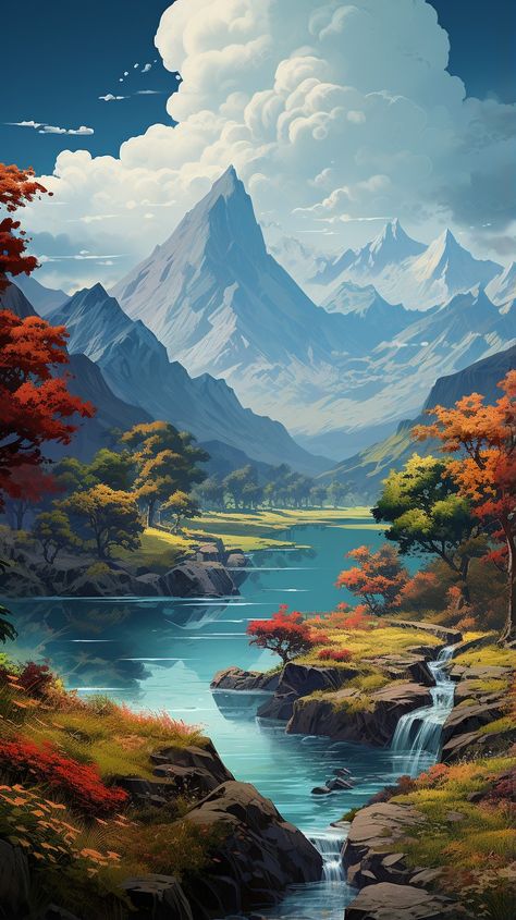 Beautiful fantasy landscape with mountain and river. If you want more with 6K RESOLUTION visit the link. Mountain Valley Drawing, River Landscape Drawing, Fantasy River Art, Fantasy Art Landscape, Mountain River Landscape, Fantasy Mountain Art, Fantasy Landscape Art Nature, Landscape Drawings Pencil Colour, Fantasy Scenery Art