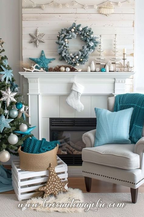 10 Jaw-Dropping Christmas Mantle Decor Ideas You Need to See - Brocante Ma Jolie Coastal Christmas Coffee Table Decor, Blue Christmas Mantle Decor, Coastal Christmas Mantle, Fireplace Christmas Teal Pink, Beachy Christmas Tree Kirkland’s Home, Coastal Christmas Wreaths & Garlands, White String Lights, Retro Ornaments, Mood Lights