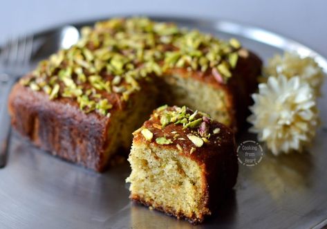 Eggless Pistachio and Rose Syrup Cake - Cooking From Heart Pistachio Tea, Syrup Cake Recipe, Rose Cake Recipe, Rose Pistachio, Pistachio Cake Recipe, Rose Syrup, Syrup Cake, Tea Cakes Recipes, Eggless Cake Recipe