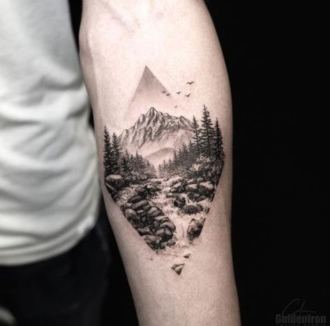 White Mountains Tattoo, Mountain With Waterfall Tattoo, Mountain Memorial Tattoo, Mountainscape Tattoo, Rocky Mountains Tattoo, Mountain Road Tattoo, Mountain Thigh Tattoo, Mila Tattoo, Wilderness Tattoo Women