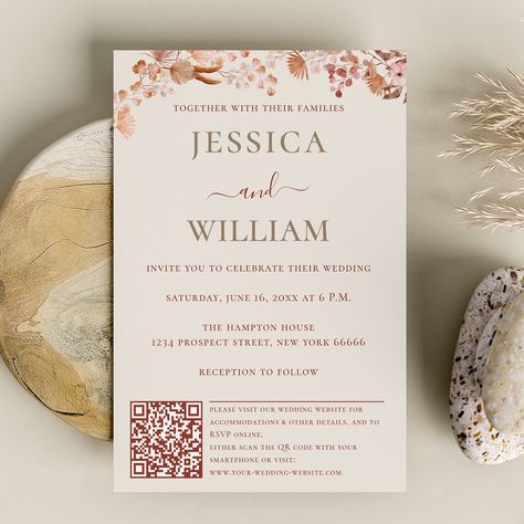 The invitation captures the essence of bohemian style with natural elements, intricate details and a romantic feel, creating a warm and inviting atmosphere for your wedding day. The invitation includes a QR code that allows guests to easily access your wedding information online, including the date, time, location and RSVP information. Using a QR code is also a convenient and innovative way to make wedding planning easier and more efficient. you can enter your website URL and generate a QR code Innovative Wedding Invitations, Save The Date With Rsvp, Qr Code Wedding Invitations, Wedding Invitations With Qr Code, Bohemian Wedding Stationery, Qr Code Invitation, Bohemian Wedding Invitation, Wedding Information, Bohemian Wedding Invitations