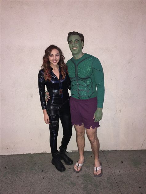 Couples Halloween costume. Hulk and black widow. Avengers. Hulk Costume Mens, Black Widow Couple Costume, Hulk And Black Widow Costume, The Office Halloween Costumes, Halloween Costumes For 3 People, Costumes For 3 People, Black Widow Halloween Costume, Hulk Halloween Costume, The Office Halloween