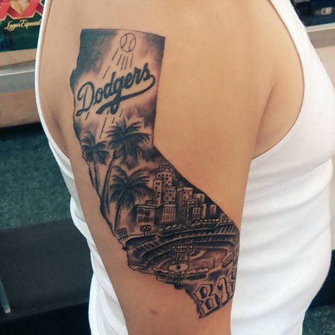 Dodgers Stadium Tattoo, Dodger Stadium Tattoo, Hollywood Tattoo Ideas, La Dodgers Tattoo, Dodger Tattoo, Dodgers Tattoo, Los Angeles Dodgers Tattoo, Vegas Tattoos, California Tattoos