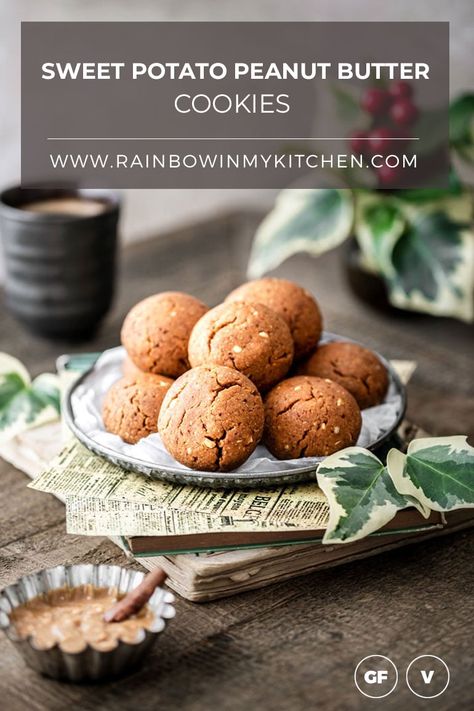 Sweet Potato Peanut Butter Cookies Sweet Potato Peanut Butter Cookies, Sweet Potato Peanut Butter, Sweet Potato Cookies, Gluten Free Sweet Potato, Gluten Free Cookie Recipes, Chunky Peanut Butter, Cookies Healthy, Peanut Butter Desserts, Gluten Free Sweet