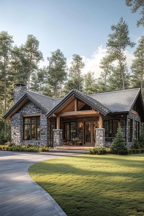 Rustic stone house amidst tall trees. One-story homes, where you can skip the stair workout and enjoy open, airy spaces with a side of charm. Cottage Home Plans One Story, Stone Houses Rustic, Mountain Cottage Exterior, Rustic Stone House, Cobb Houses, Rustic Cabin Exterior, Mountain Ranch House Plans, Stone Cottage Homes, Stair Workout