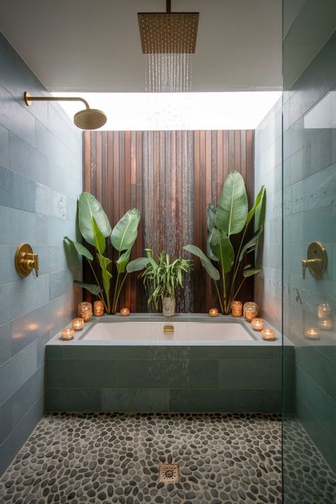 Outdoor tropical bathroom with waterfall shower, candlelight, and natural elements. Waterfall Shower Bathroom, Candlelit Bath, Tropical Showers, Tropical Outdoor, Tropical Bathroom, Outdoor Bathroom, Waterfall Shower, Shower Bathroom, Tropical Oasis