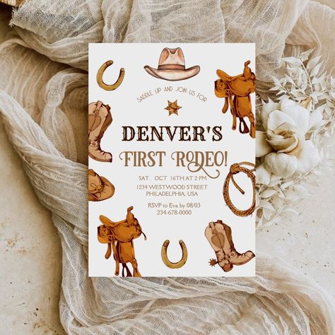 Wester First Rodeo Wild West Cowboy Birthday Party Invitation Rodeo Theme Birthday Party, Boots With Spurs, Cowboy Birthday Party Invitations, Kids Birthday Invitation Card, First Rodeo Birthday, Wild West Theme, Invitation Card Birthday, Cowboy Birthday Party, Wild West Cowboys