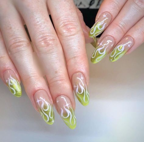 Green Fire Nails, Green Flame Nails, Flame Nail Designs, Fall Almond Nails, Flame Nails, Almond Gel Nails, Flame Nail Art, Natural Acrylic Nails, New Nail Trends