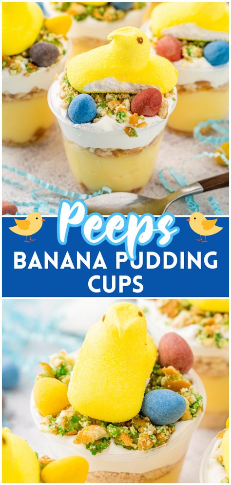 Easter Pudding Cups, Banana Pudding Cups, Fun Rice Krispie Treats, Oreo Dirt Cake, Peeps Recipes, Easter Marshmallow, Banana Cream Pudding, Easy Easter Treats, Homemade Toffee