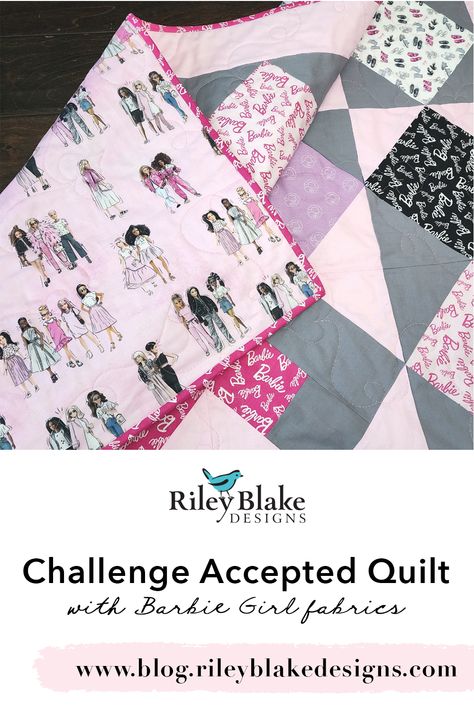 It's all about Barbie Girl! Check out Sew Hooked on Treasures latest quilt in this Barbie Girl fabric on the RBD blog! Barbie Quilt Pattern, Barbie Quilt Ideas, Doll Quilt Patterns Free, Barbie Quilt, Hello Barbie, Charm Packs Fabric, Panel Quilt Patterns, Fancy Nancy, Challenge Accepted