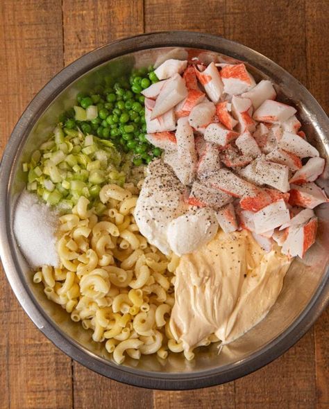 Seafood Pasta Salad is just as creamy and delicious as a classic pasta salad, but with flavorful crabmeat and colorful peas topping the elbow macaroni. #dinner #pastasalad #seafood #crab #crabsalad #seafoodsalad #sidedish #dinnerthendessert Seafood Pasta Salad, Seafood Pasta Salad Recipe, Crab Pasta Salad, Seafood Salad Pasta, Crab Pasta, Classic Pasta Salad, Crab Salad Recipe, Sea Food Salad Recipes, Cold Pasta Salad