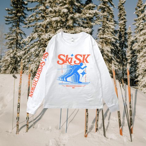 Ski SK. In Saskatchewan, cross-country skiing is our definition of fun. Glide through winter with this 80s-inspired graphic. #hardpressed #art #graphic #ski #sk #sask #skiing #80sgraphic #vintage #nostalgic Vintage Graphic Hoodies, Sports Hoodies Design, Winter Graphic Tees, Ski Branding, Mountain Graphic, Winter Graphic Design, Ski Logo, Retro Skiing, Ski Graphic Design