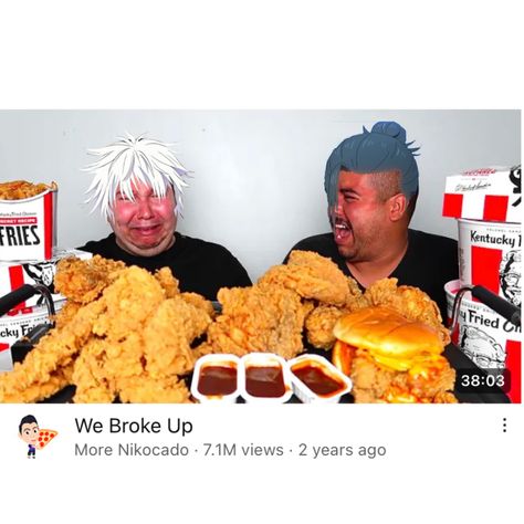 Gojo crying with buckets of kfc Satosugu Kfc Breakup, Satosugu Kfc, Kfc Breakup Jjk, Satosugu Breakup, Kfc Breakup, Jjk Art, Lobotomy Kaisen, Weezer, Blue Lock