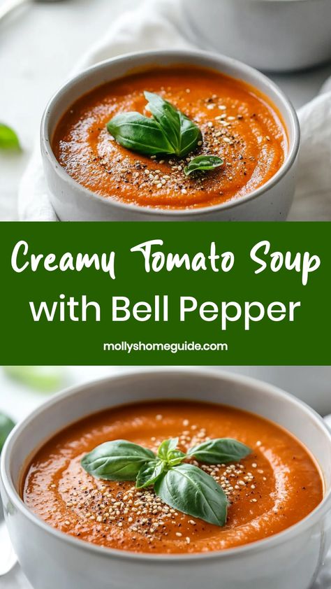 Indulge in a cozy bowl of homemade tomato soup with tender bell peppers that add a pop of flavor. This simple yet comforting dish is perfect for chilly days or when you need a warm pick-me-up. Try this delicious recipe and enjoy the rich, savory taste of ripe tomatoes and sweet bell peppers blending perfectly together. Perfect as an appetizer or paired with a grilled cheese sandwich for a satisfying meal that'll warm you up from the inside out. Tomato Pepper Soup, Hearty Tomato Soup, Best Tomato Soup, Roasted Vegetable Soup, Homemade Tomato Soup, Soup Lovers, Tomato Soup Homemade, Sweet Bell Peppers, Creamy Tomato Soup