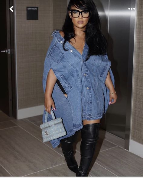 Denim Skirt With Fringe, Denim Cape Jacket Outfit, Denim Inspired Outfit, Blue Jean Dress With Boots, Chic Two Piece Outfit, What To Wear To A Fashion Show Outfit, Cute Everyday Outfits Plus Size, Step Show Outfit Hbcu, Fall Outdoor Party Outfits