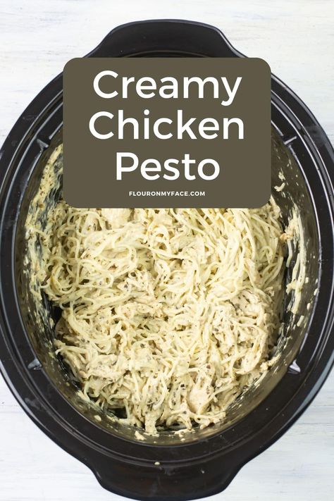 Basil Pesto Chicken Pasta Crock Pot, Pesto Chicken Slow Cooker Recipes, Crock Pot Pesto Chicken Pasta, Pesto Cream Cheese Chicken Crockpot, Pesto Alfredo Chicken Pasta Crockpot, Pesto Chicken Crockpot Recipes, Crockpot Pesto Pasta, Pesto Crockpot Recipes, Creamy Pesto Chicken Crockpot