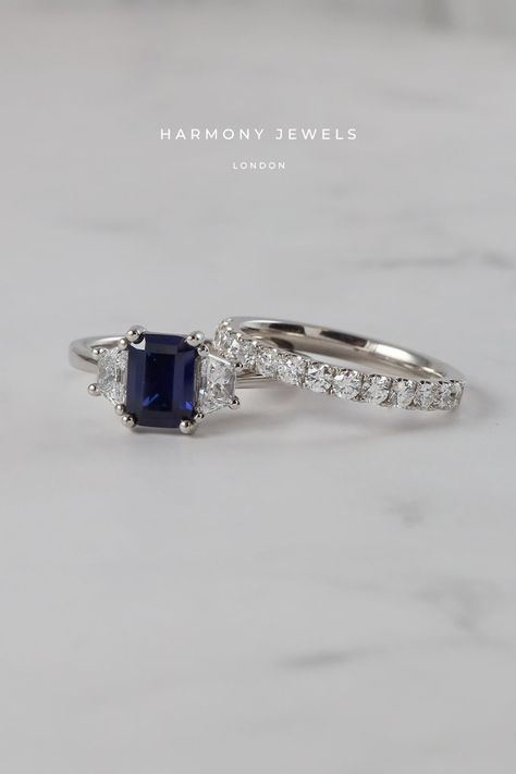 Royal Blue Sapphire Diamond Ring, Tri Stone Ring, Flower Fairy Lights, Blue Sapphire Diamond Ring, Trilogy Engagement Ring, Sapphire Wedding Band, Girls Stuff, Jewelry Board, Engagement Ring Diamond