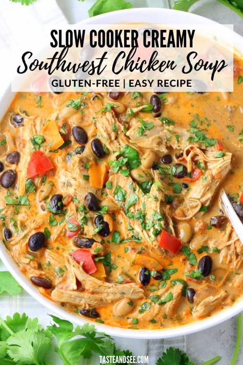 Creamy Southwest Chicken, Southwest Chicken Soup, Southwest Chicken, Gluten Free Recipes Easy, Chicken Soup Recipes, Crockpot Recipes Slow Cooker, Slow Cooker Soup, Easy Soup Recipes, Easy Soups