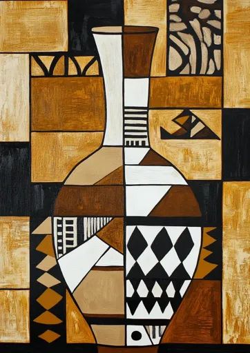 ↑↑↑ Larger size on website 🔸 The image is a stylized, geometric abstract painting of a vase. The vase is depicted in shades of br African Abstract Art, Geometric Abstract Painting, Pretty Nature Pictures, African Paintings, African Art Paintings, Shades Of Brown, Simple Colors, Geometric Abstract, African Art