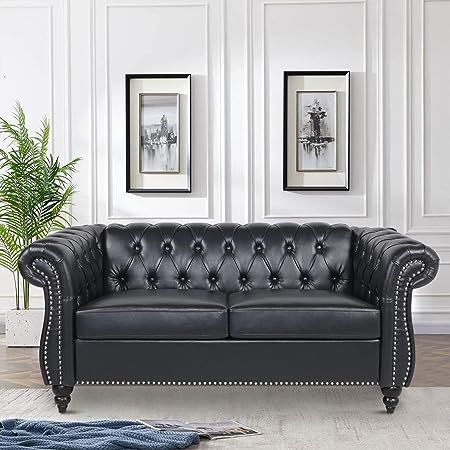 FOKWE Chesterfield Loveseat Leather, Modern Upholstered Tufted Couch 2 Seater with Rolled Arms and Nailhead for Living Room, Bedroom (Black) Couch 2 Seater, Chesterfield Loveseat, Tufted Couch, Bedroom Dark, Rococo Furniture, Black Armchair, Couch Design, Modern Loveseat, Couch And Loveseat