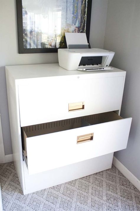 $20 File Cabinet Makeover                                                       … Filing Cabinet And Bookshelf, Small Office Filing Cabinet, File Cabinet Shelf, White And Gold File Cabinet, Painted File Cabinet Ideas, Small File Cabinet Ideas, Home Office Filing Cabinet Ideas, File Cabinet Alternative Ideas, How To Paint Metal File Cabinet