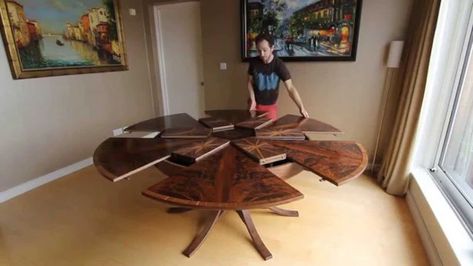 A Clever Circular Table That Expands to Twice Its Size With a Simple Turn of the Tabletop Circular Dining Room Table, Expanding Round Table, Expandable Round Dining Table, Circular Dining Room, Round Farmhouse Table, Dining Table With Leaf, Expandable Table, Round Pedestal Dining, Diy Table Top