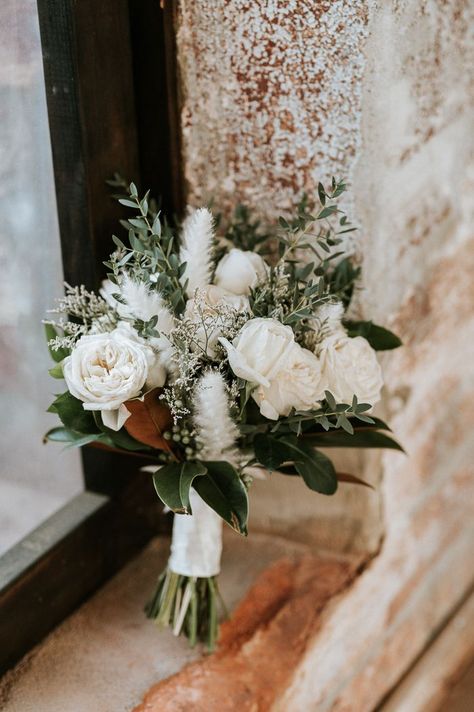 Bridal bouquet of white florals with a mix of greenery l Image by Christian Reyes Photography Cotton Mill Wedding, Providence Cotton Mill, Simple Wedding Bouquets, Greenery Wedding Bouquet, Green Wedding Bouquet, White Flower Bouquet, Green Wedding Flowers, Cotton Mill, Mill Wedding