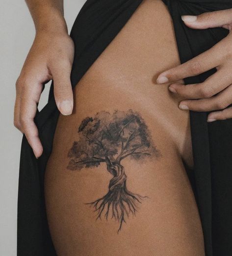 Tree Tattoo On Shoulder For Women, Flowers And Roots Tattoo, Tree On Leg Tattoo, Olive Tree Tattoo Men, Tree Tattoo Designs Men, Tree With Roots Tattoo, 2024 Checklist, Maple Tree Tattoo, Tree Thigh Tattoo